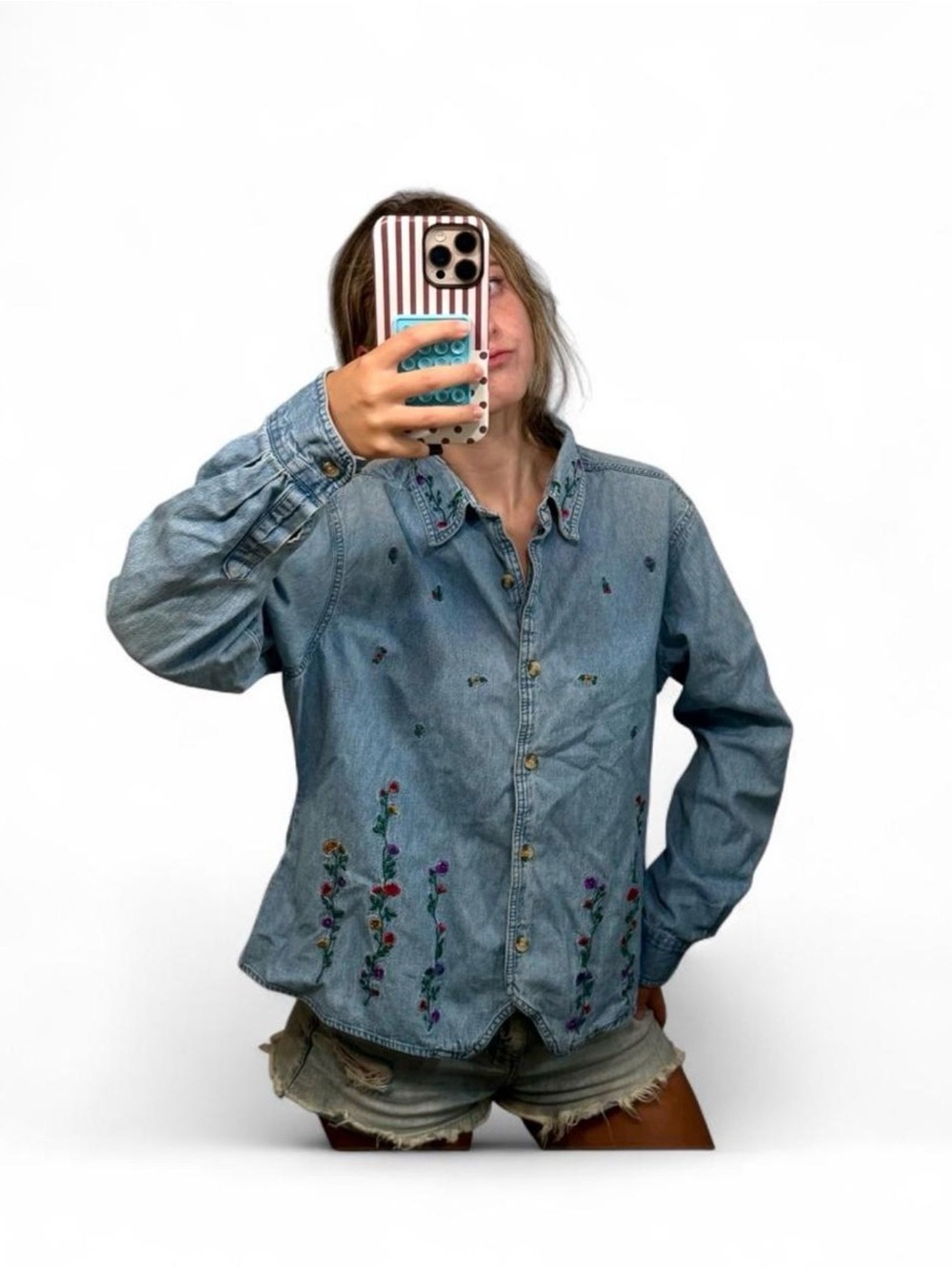 Vintage Bill Blass Light Blue Denim Button Down Shirt with Floral Embroidery